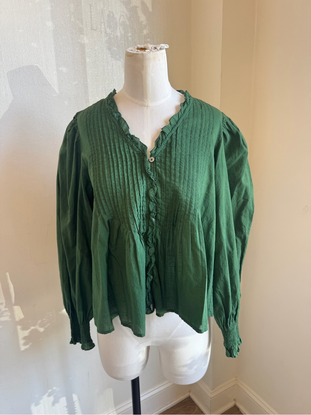 SEA Green Pintuck Ruffle Button-Front Women's Top